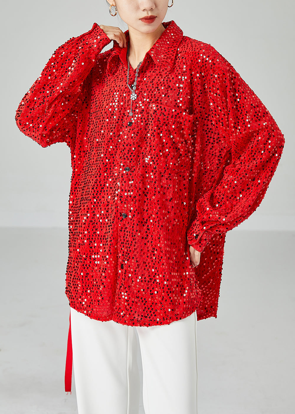 Chic Red Oversized Sequins Silk Velour Shirt Tops Spring LY2467 - fabuloryshop