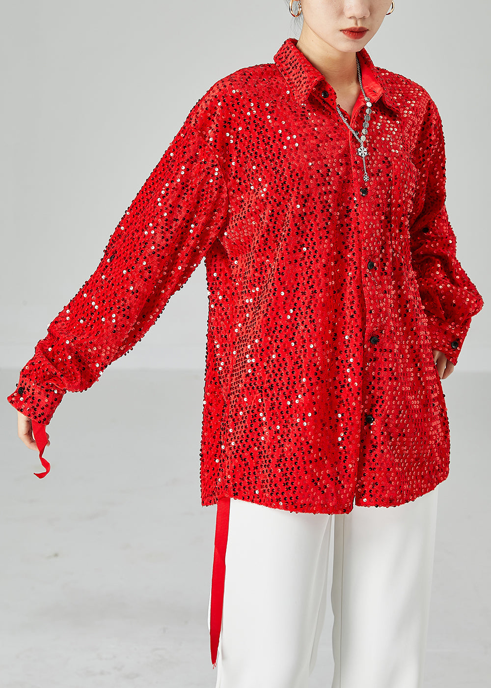 Chic Red Oversized Sequins Silk Velour Shirt Tops Spring LY2467 - fabuloryshop