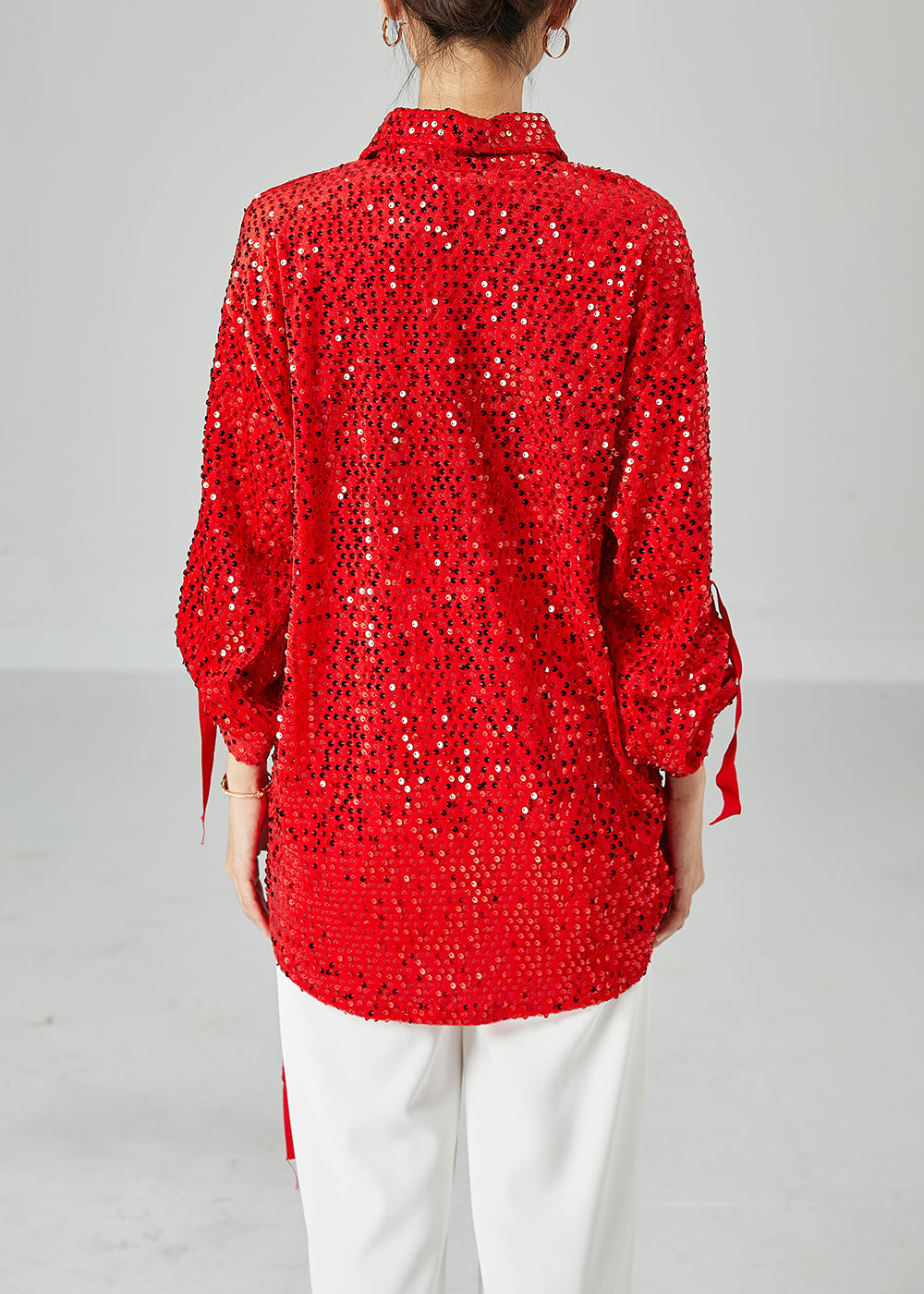 Chic Red Oversized Sequins Silk Velour Shirt Tops Spring LY2467 - fabuloryshop