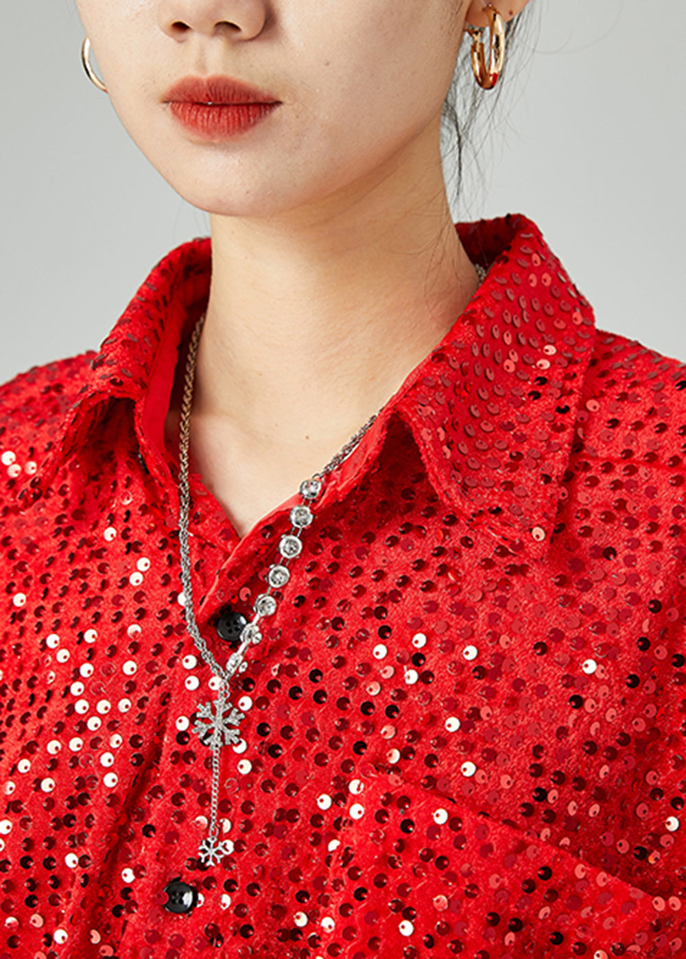 Chic Red Oversized Sequins Silk Velour Shirt Tops Spring LY2467 - fabuloryshop