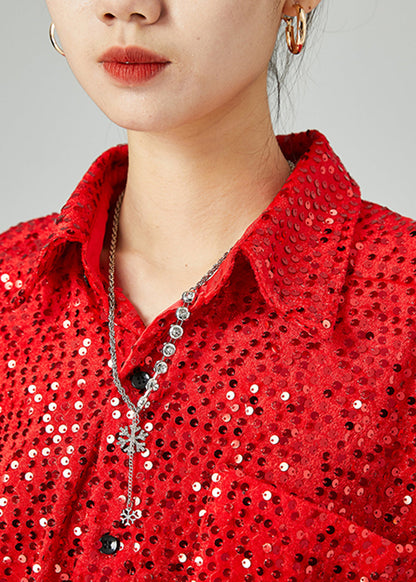 Chic Red Oversized Sequins Silk Velour Shirt Tops Spring LY2467 - fabuloryshop