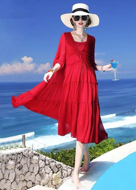 Chic Red Patchwork Silk Two Pieces Set Beach Holiday Dress Summer LC0249 - fabuloryshop