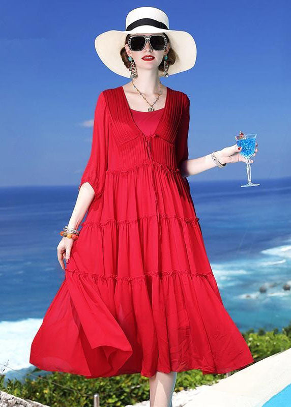 Chic Red Patchwork Silk Two Pieces Set Beach Holiday Dress Summer LC0249 - fabuloryshop