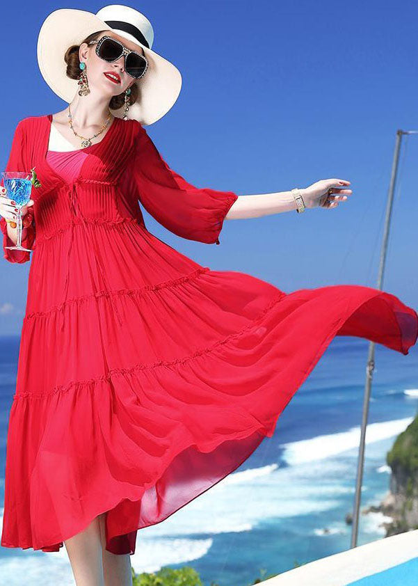 Chic Red Patchwork Silk Two Pieces Set Beach Holiday Dress Summer LC0249 - fabuloryshop