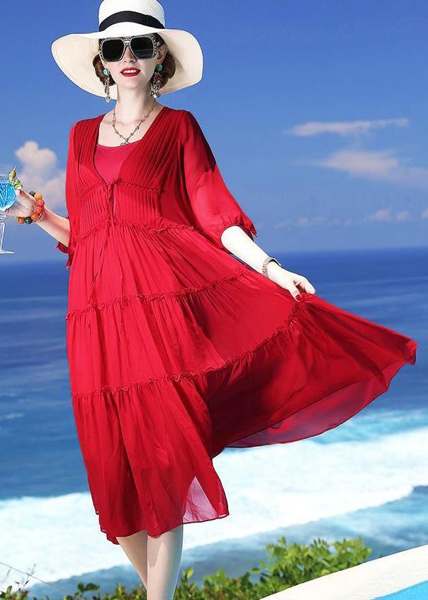 Chic Red Patchwork Silk Two Pieces Set Beach Holiday Dress Summer LC0249 - fabuloryshop