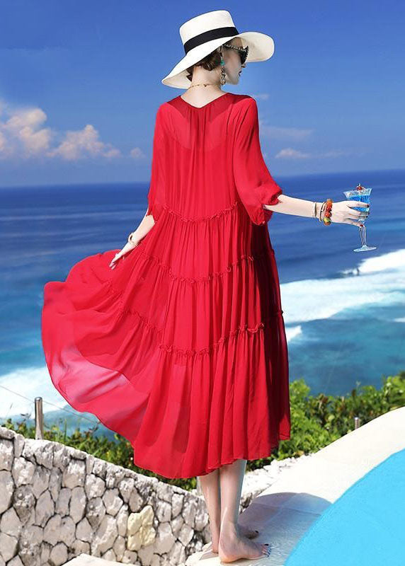 Chic Red Patchwork Silk Two Pieces Set Beach Holiday Dress Summer LC0249 - fabuloryshop