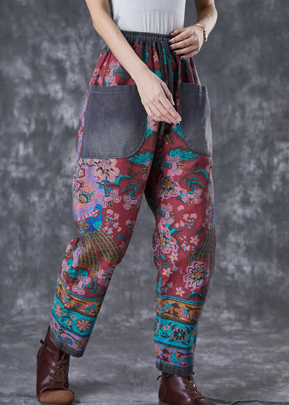 Chic Red Print Elastic Waist Patchwork Pockets Cotton Harem Pants Fall Ada Fashion