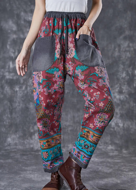 Chic Red Print Elastic Waist Patchwork Pockets Cotton Harem Pants Fall Ada Fashion