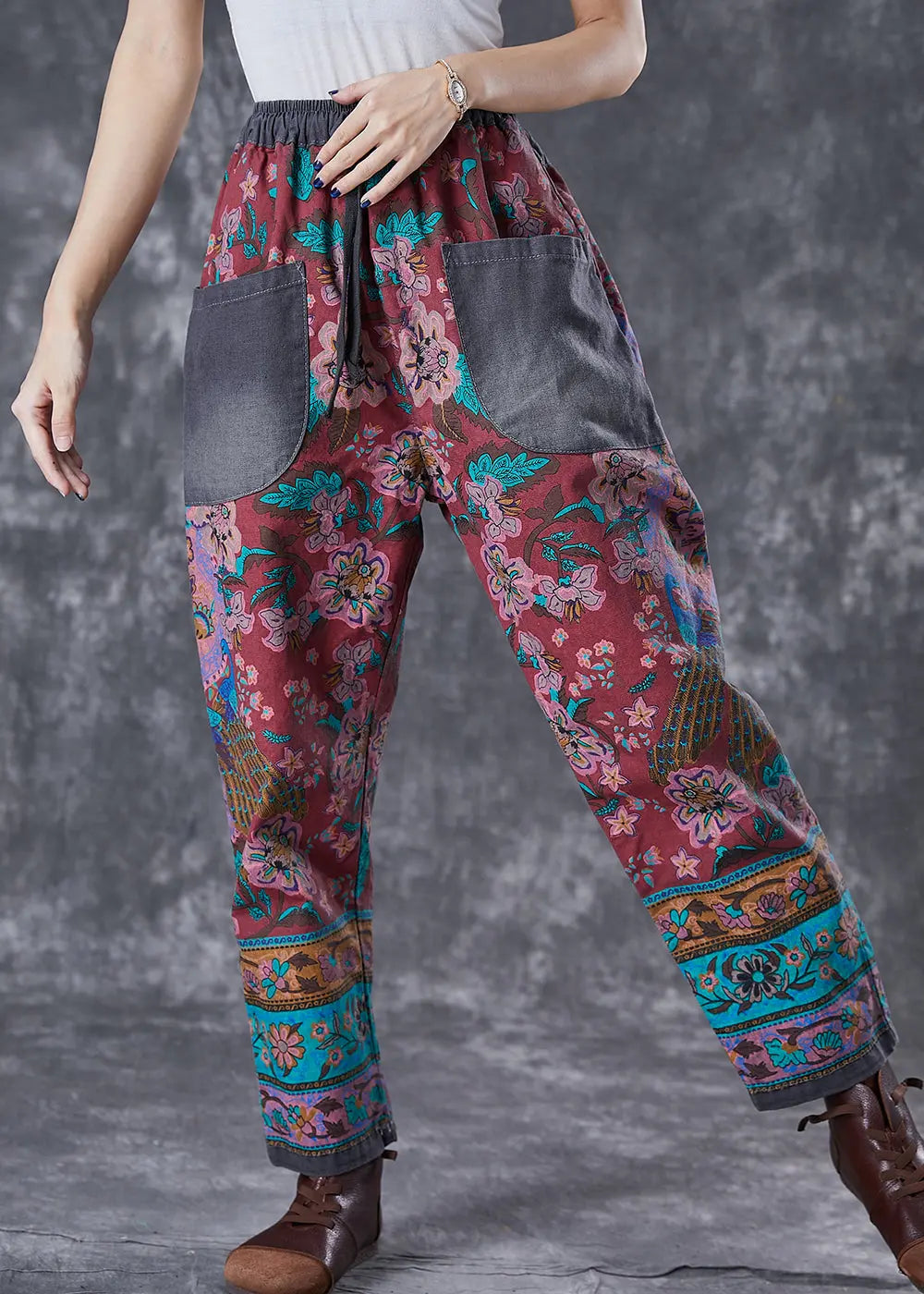 Chic Red Print Elastic Waist Patchwork Pockets Cotton Harem Pants Fall Ada Fashion