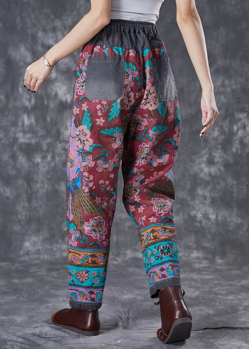 Chic Red Print Elastic Waist Patchwork Pockets Cotton Harem Pants Fall Ada Fashion