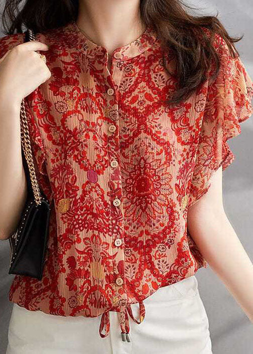 Chic Red Ruffled Print Patchwork Silk Shirt Tops Summer LY0389 - fabuloryshop