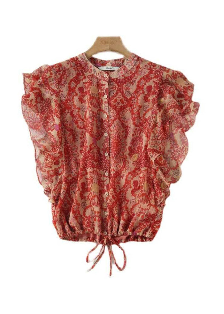 Chic Red Ruffled Print Patchwork Silk Shirt Tops Summer LY0389 - fabuloryshop