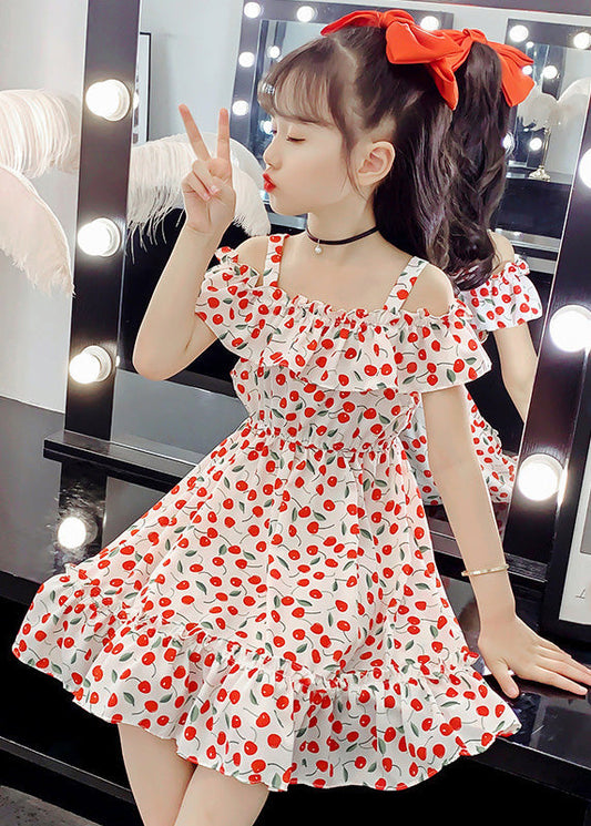 Chic Red Slash NeckPrint Ruffled Patchwork Chiffon Girls Long DressLY5433 - fabuloryshop