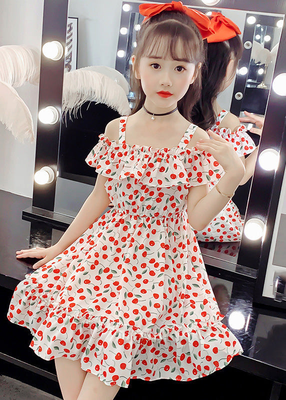 Chic Red Slash NeckPrint Ruffled Patchwork Chiffon Girls Long DressLY5433 - fabuloryshop