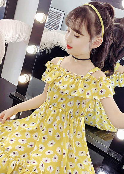 Chic Red Slash NeckPrint Ruffled Patchwork Chiffon Girls Long DressLY5433 - fabuloryshop