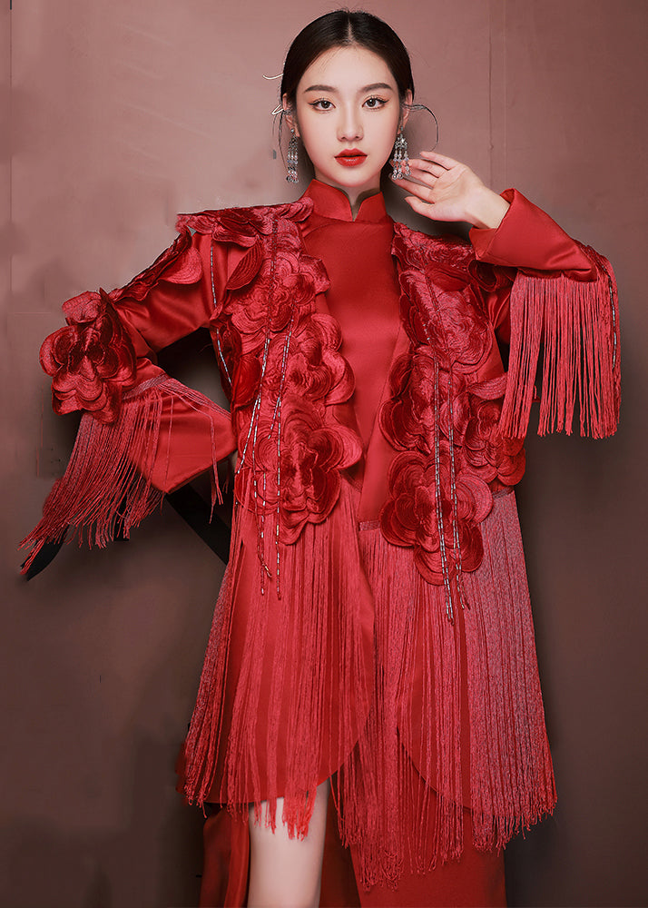 Chic Red Tasseled Side Open Patchwork Silk Two Piece Suit Set Fall Ada Fashion