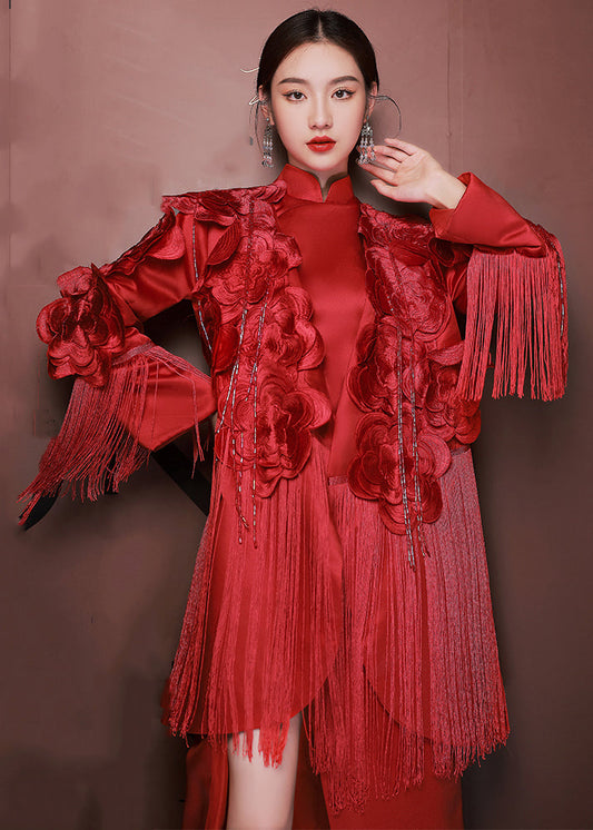 Chic Red Tasseled Side Open Patchwork Silk Two Piece Suit Set Fall Ada Fashion