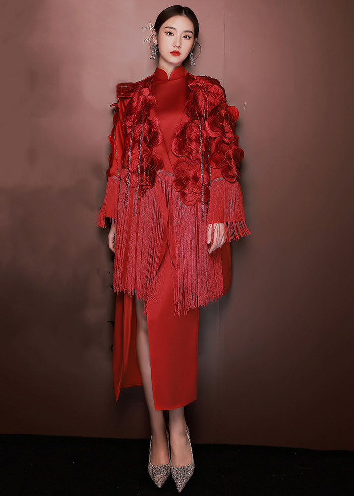 Chic Red Tasseled Side Open Patchwork Silk Two Piece Suit Set Fall Ada Fashion