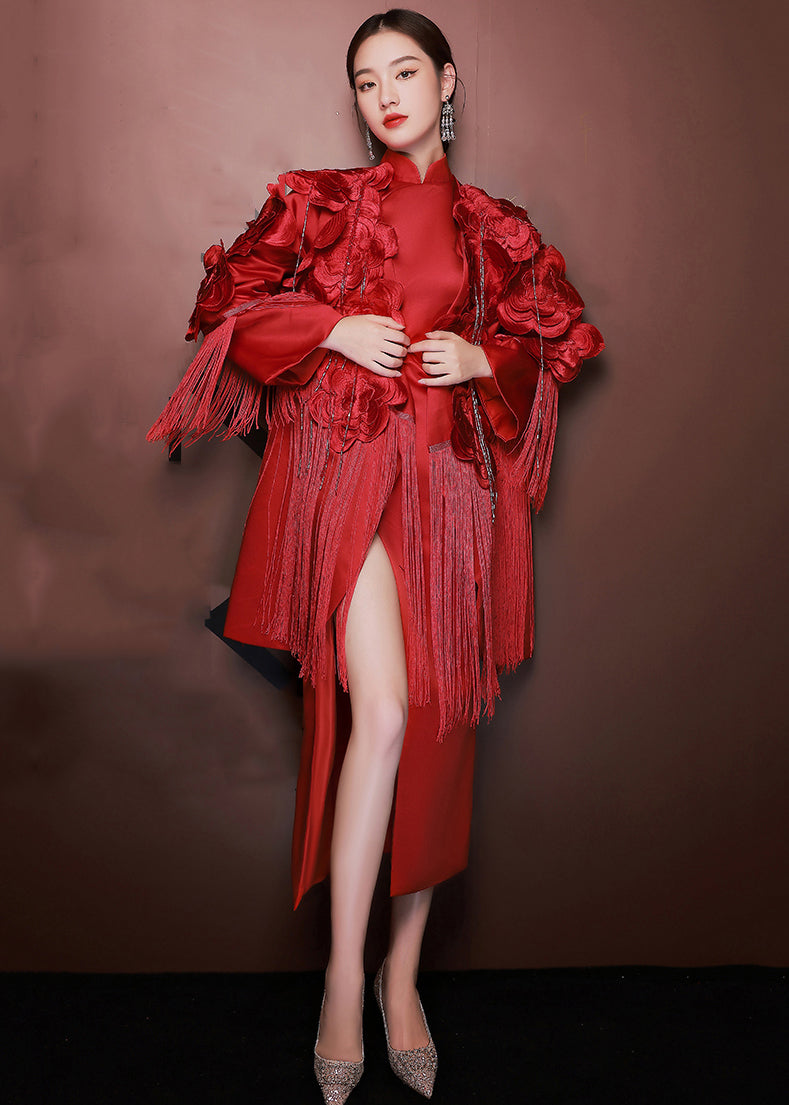 Chic Red Tasseled Side Open Patchwork Silk Two Piece Suit Set Fall Ada Fashion