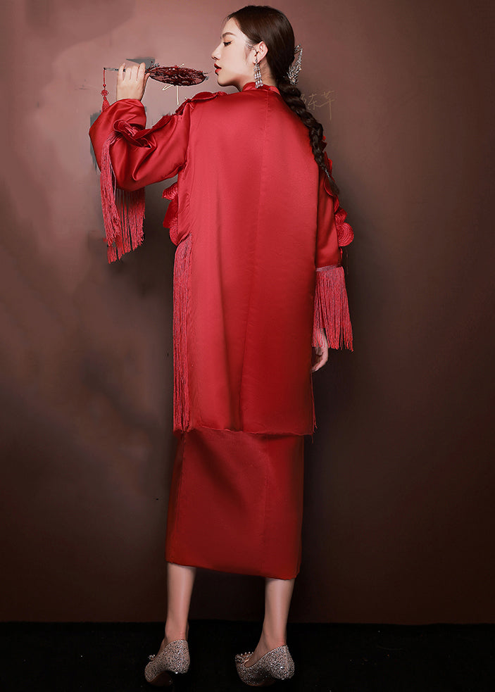 Chic Red Tasseled Side Open Patchwork Silk Two Piece Suit Set Fall Ada Fashion