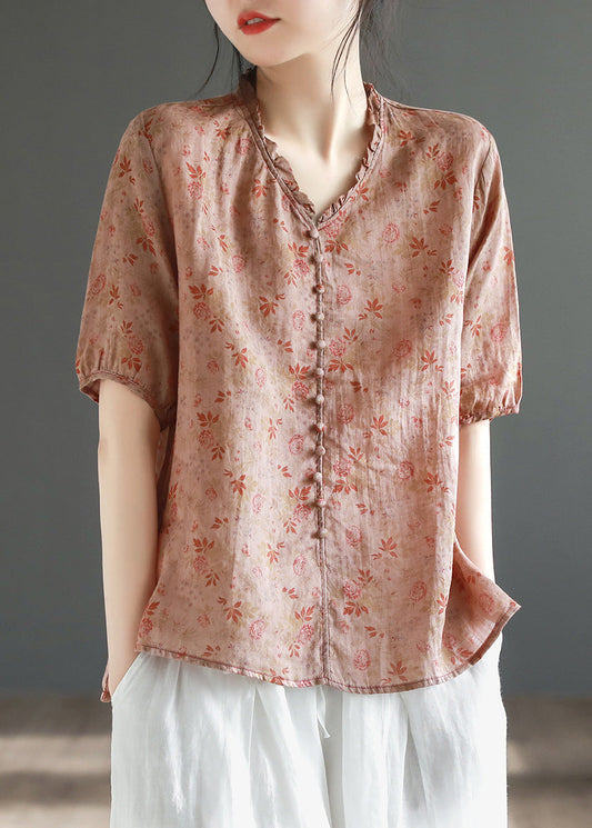 Chic Red V Neck Button Linen Top Short Sleeve LY6924 - fabuloryshop