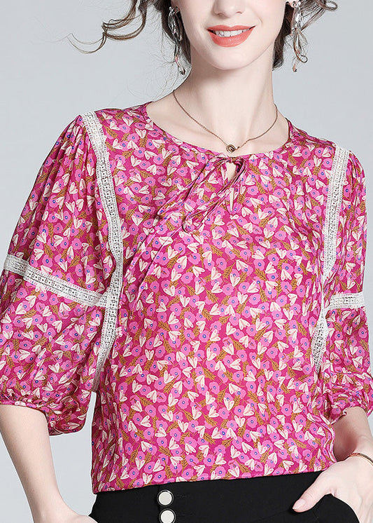 Chic Rose O-Neck Print Neck Tie Silk Tops Short Sleeve LY1019 - fabuloryshop