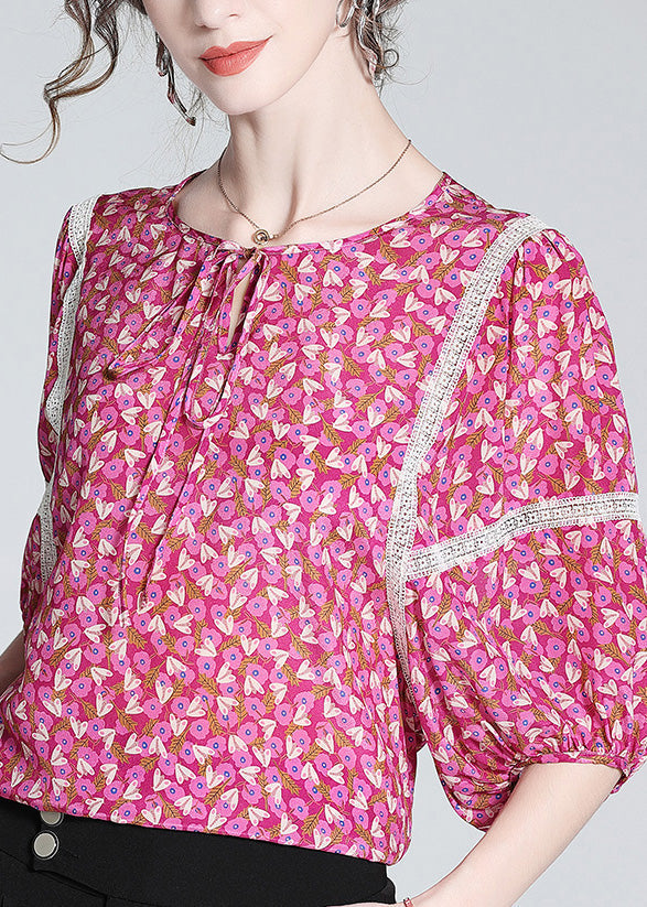 Chic Rose O-Neck Print Neck Tie Silk Tops Short Sleeve LY1019 - fabuloryshop