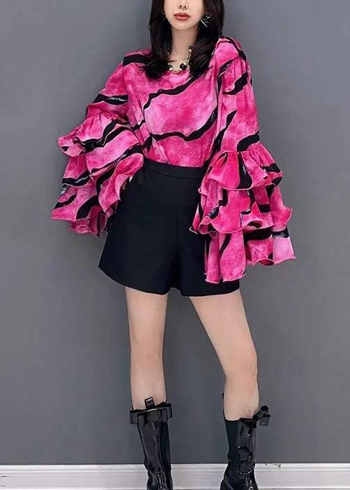 Chic Rose O Neck Striped Patchwork Chiffon Top Petal Sleeve Ada Fashion