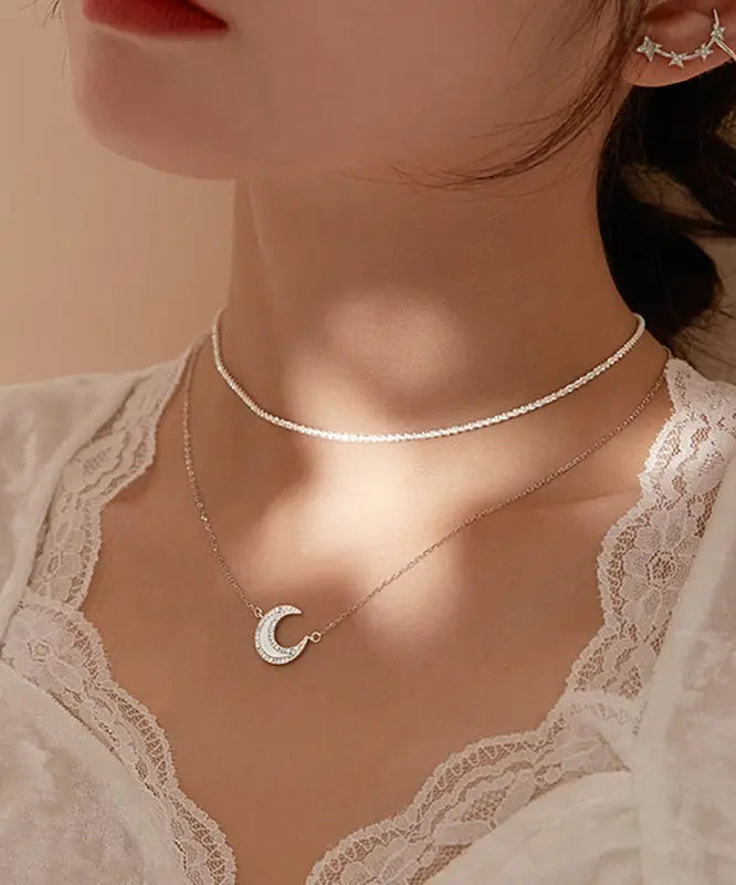 Chic Silk Sterling Silver Inlaid Moon Pendant Necklace Ada Fashion