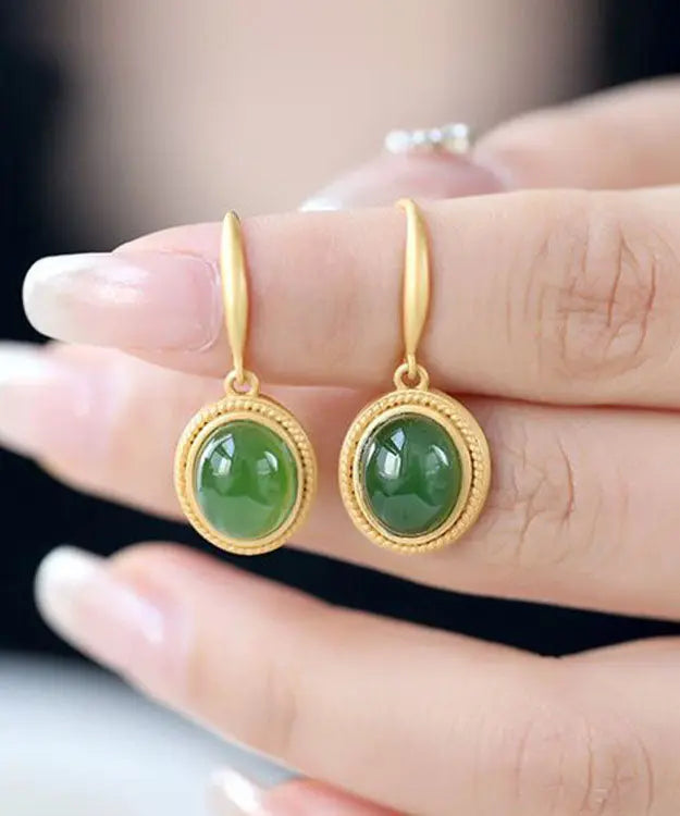 Chic Spinach Green Sterling Silver Inlaid Jade Drop Earrings Ada Fashion