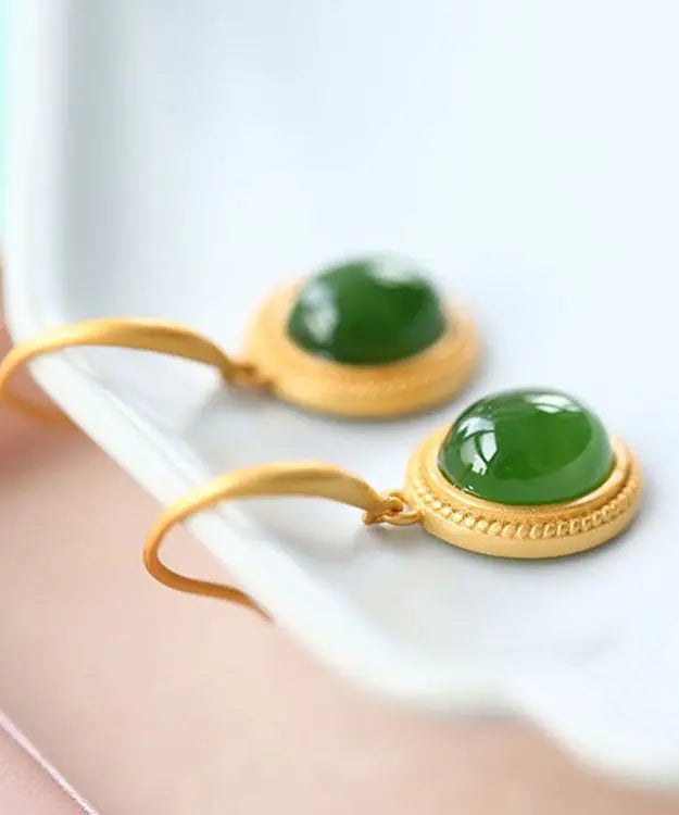 Chic Spinach Green Sterling Silver Inlaid Jade Drop Earrings Ada Fashion