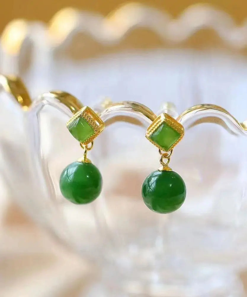 Chic Spinach Green Sterling Silver Overgild Jade Drop Earrings Ada Fashion