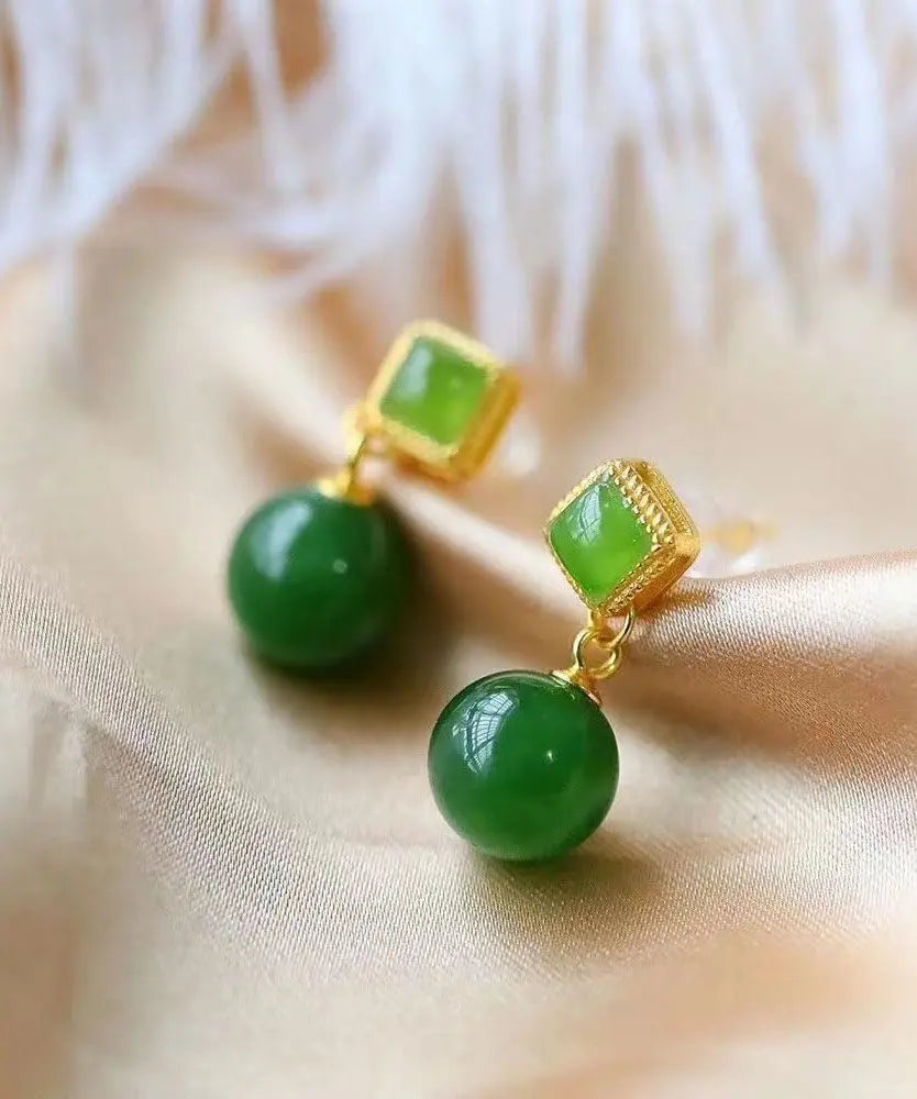 Chic Spinach Green Sterling Silver Overgild Jade Drop Earrings Ada Fashion