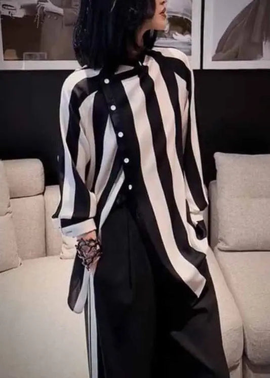 Chic Striped Asymmetrical Button Patchwork Cotton Blouses Fall Ada Fashion