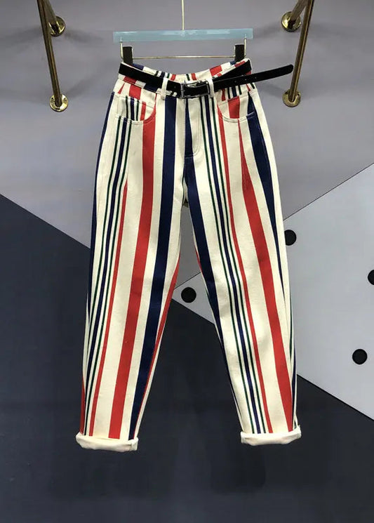 Chic Striped Pockets Patchwork High Waist Denim Pants Fall Ada Fashion