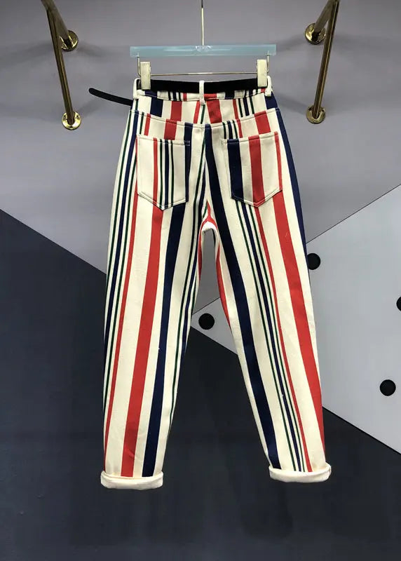 Chic Striped Pockets Patchwork High Waist Denim Pants Fall Ada Fashion