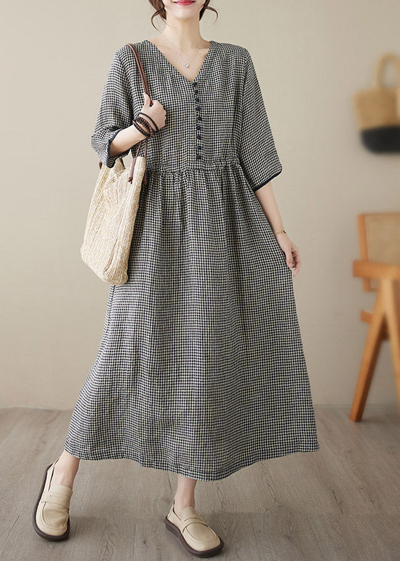 Chic V Neck Plaid Patchwork Button Linen Maxi Dresses Summer LY3959 - fabuloryshop