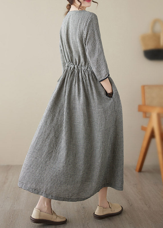 Chic V Neck Plaid Patchwork Button Linen Maxi Dresses Summer LY3959 - fabuloryshop