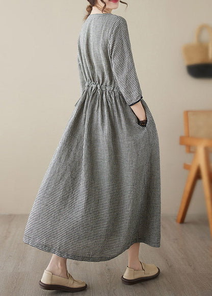 Chic V Neck Plaid Patchwork Button Linen Maxi Dresses Summer LY3959 - fabuloryshop