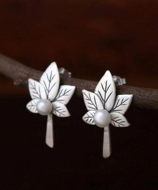 Chic Vintage Silver Maple Leaf Nail Bead Stud Earrings Ada Fashion