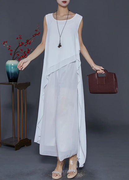 Chic White Asymmetrical Design Draping Chiffon Dresses Summer Ada Fashion