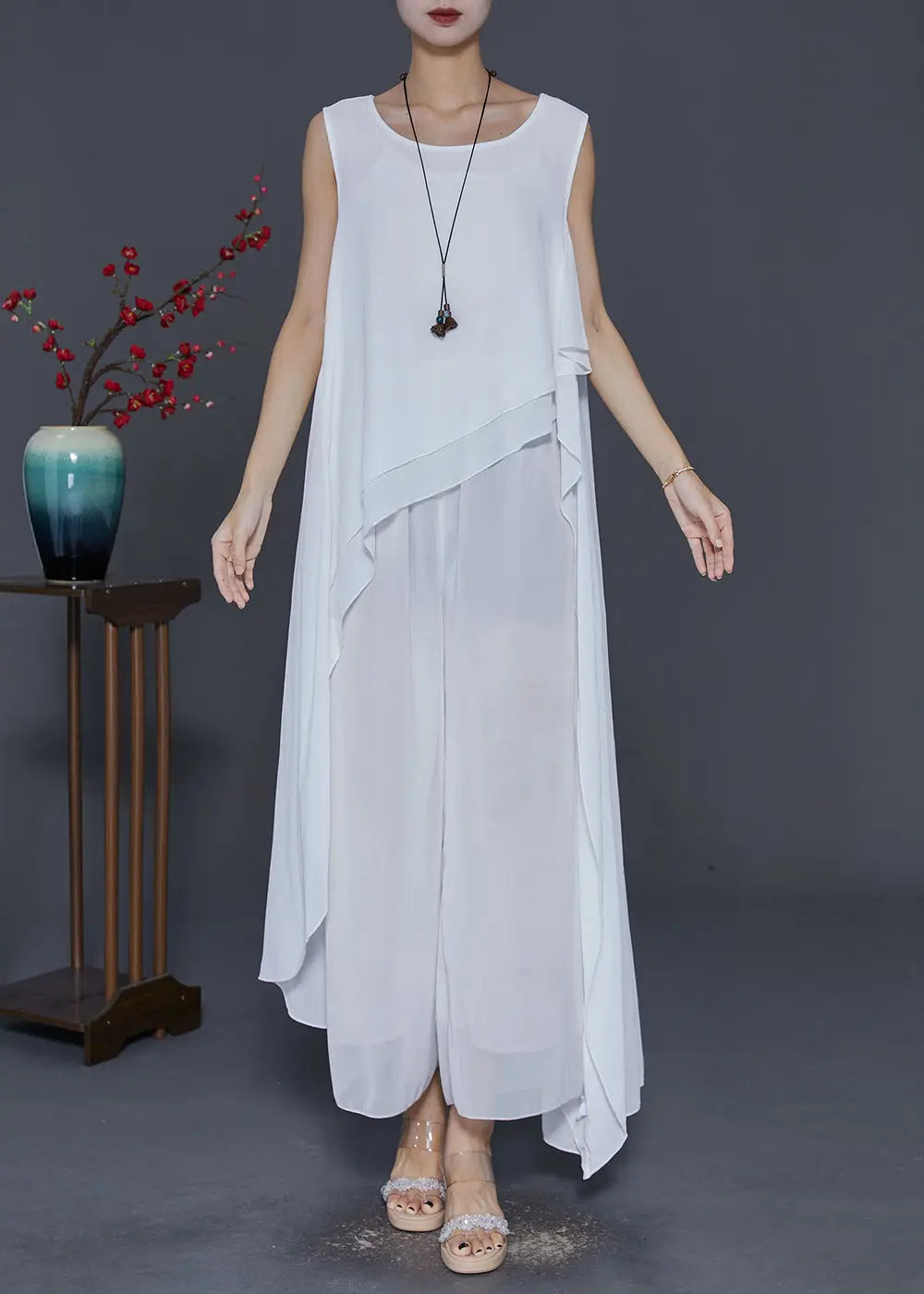 Chic White Asymmetrical Design Draping Chiffon Dresses Summer Ada Fashion