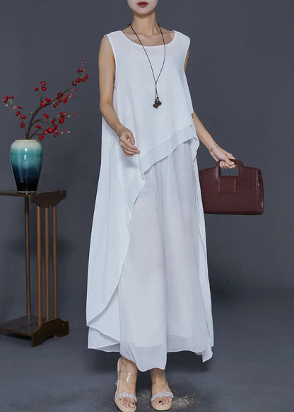 Chic White Asymmetrical Design Draping Chiffon Dresses Summer Ada Fashion