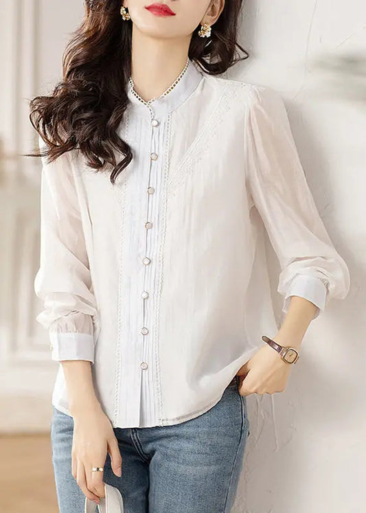 Chic White Button Lace Patchwork Shirts Long Sleeve Ada Fashion