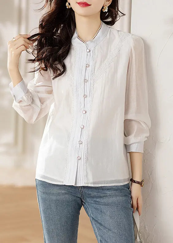 Chic White Button Lace Patchwork Shirts Long Sleeve Ada Fashion