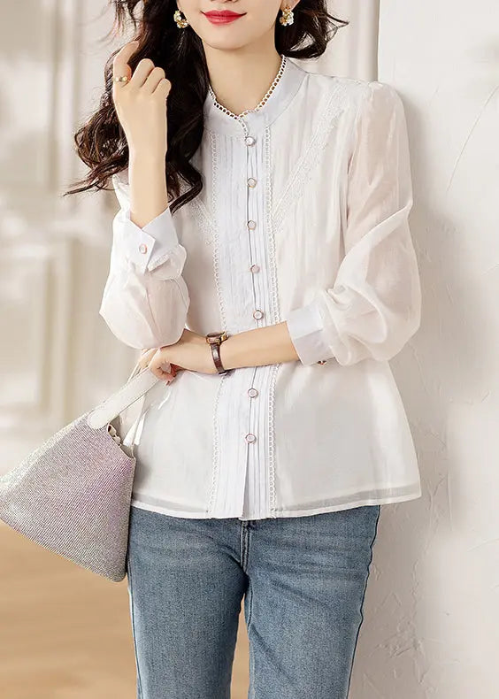 Chic White Button Lace Patchwork Shirts Long Sleeve Ada Fashion