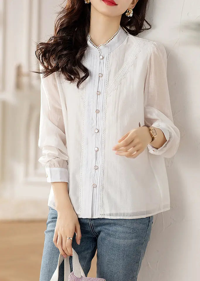 Chic White Button Lace Patchwork Shirts Long Sleeve Ada Fashion