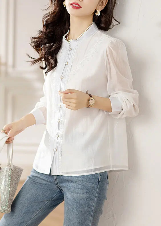 Chic White Button Lace Patchwork Shirts Long Sleeve Ada Fashion