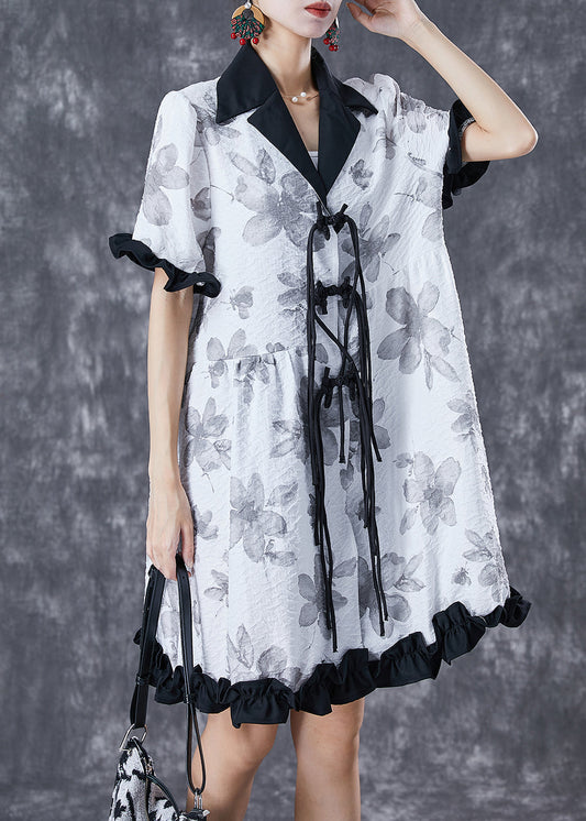 Chic White Chinese Button Ruffled Patchwork Jacquard Dress Summer TD1063 - fabuloryshop