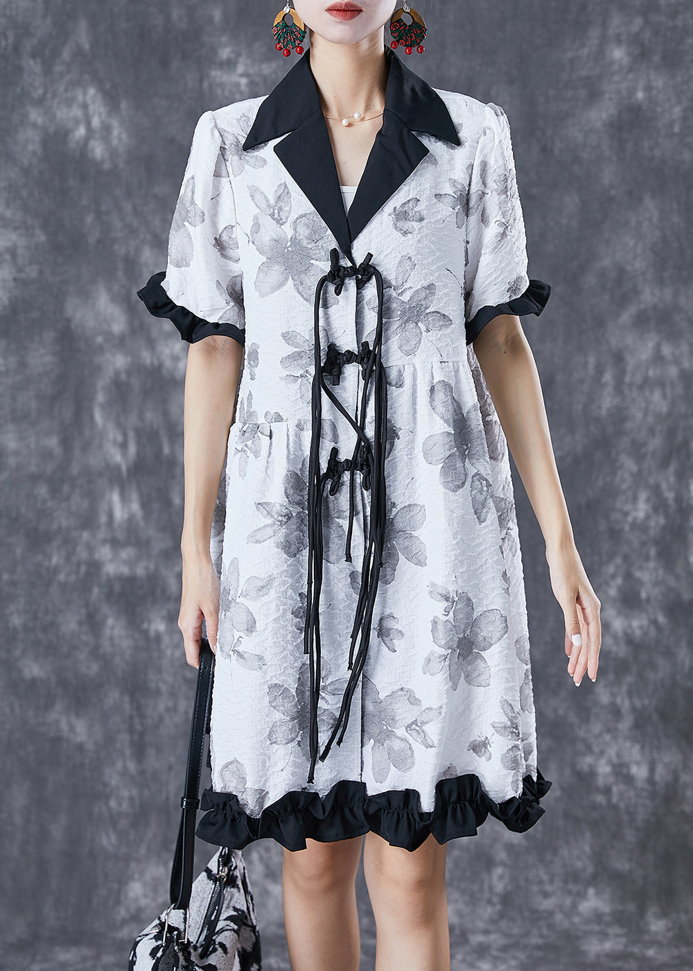 Chic White Chinese Button Ruffled Patchwork Jacquard Dress Summer TD1063 - fabuloryshop